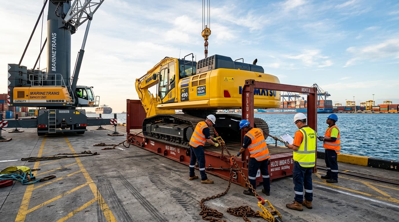 Heavy Excavator Lashing on Flat Rack at Quayside